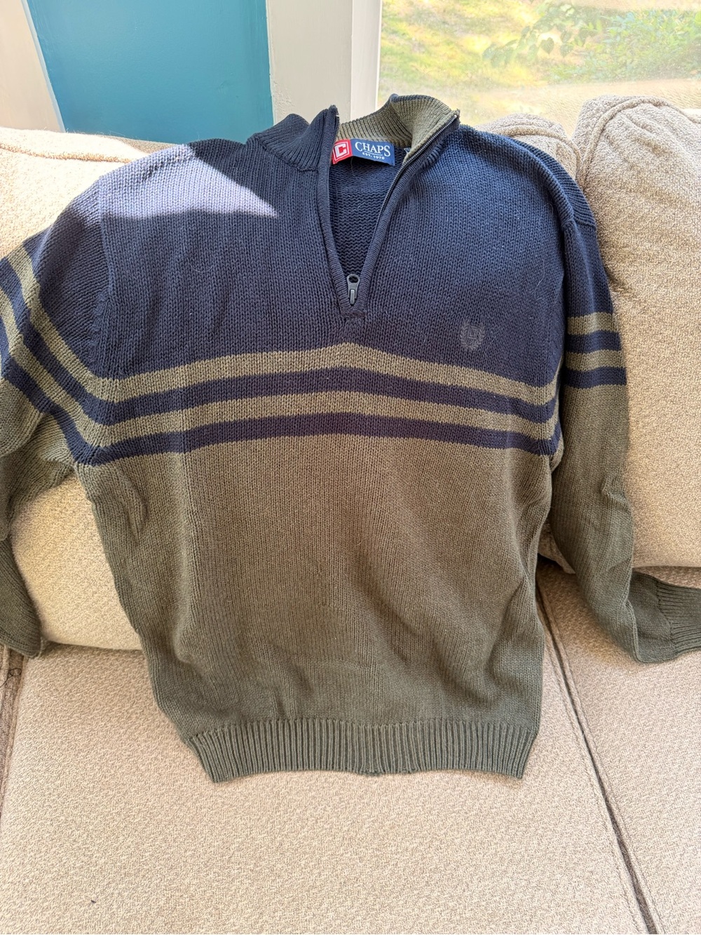 Chaps Men's Olive Green and Navy Zip-Up Sweater